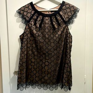 BCBG Maxazria, size med, sheer black scalloped blouse.  Great condition!